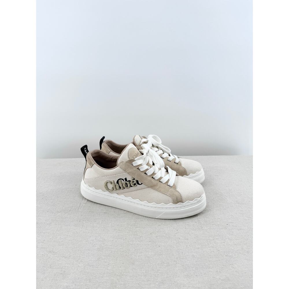 Chloe Lauren Logo Embroidery Canvas and Suede Sneakers White Women's EU 38 - Picture 6 of 11